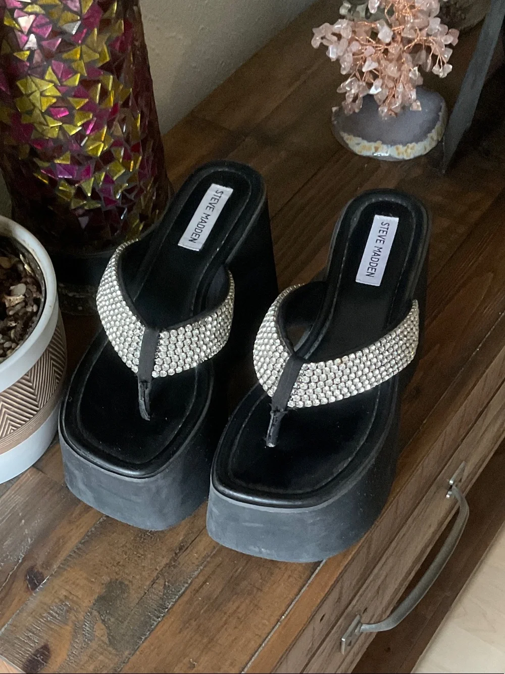 Steve Madden Black Platform Thong Sandals with Rhinestone Strap